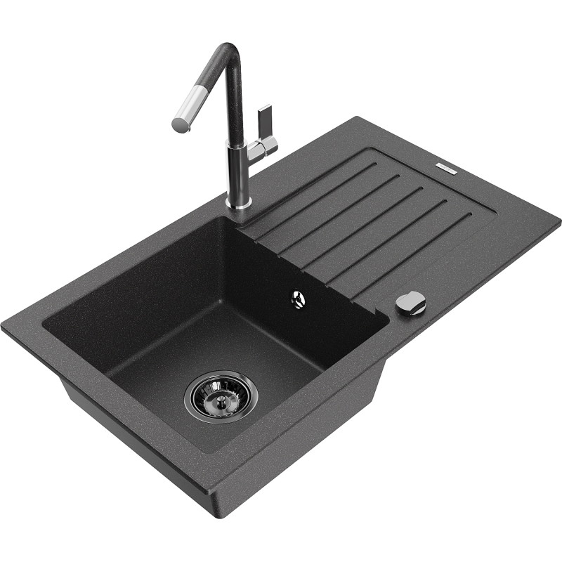 Mexen Pablo 1-Bowl Granite Kitchen Sink with Drainer and Flora Kitchen Faucet, Black Speckled - 6510-76-670401-08-B
