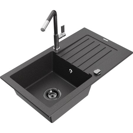Mexen Pablo granite kitchen sink 1-bowl with drainer and Flora kitchen faucet, speckled black - 6510-76-670401-08-B