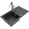 Mexen Pablo granite kitchen sink 1-bowl with drainer and Flora kitchen faucet, speckled black - 6510-76-670401-08-B
