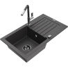 Mexen Pablo granite sink 1-basin with drainer and Flora kitchen tap, black speckled - 6510-76-670401-08-B