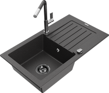 Mexen Pablo granite sink 1-basin with drainer and Flora kitchen tap, black speckled - 6510-76-670401-08-B