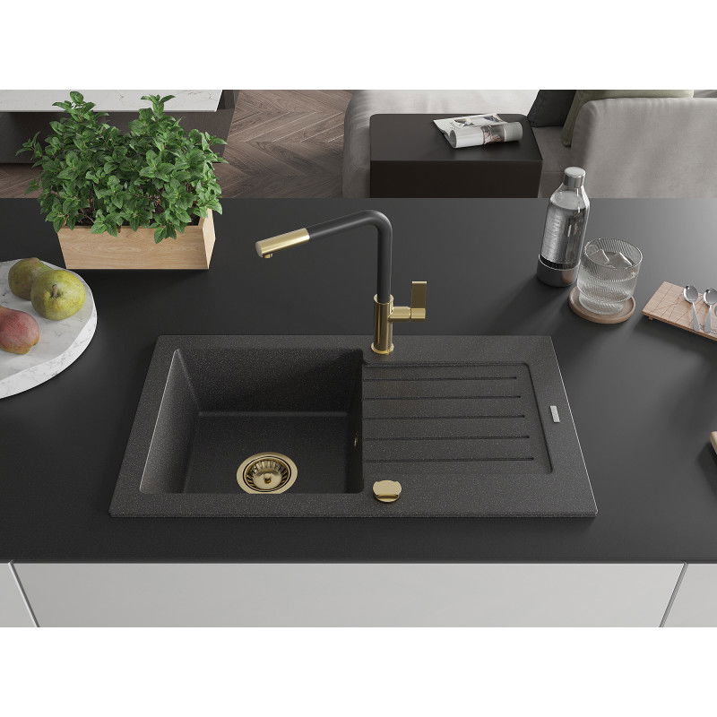 Mexen Pablo 1-basin granite sink with drainer and Flora kitchen tap, black speckled - 6510-76-670401-57-G