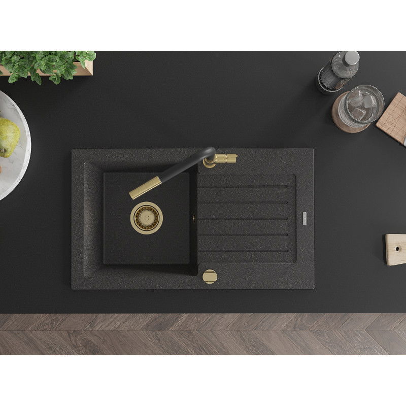 Mexen Pablo 1-basin granite sink with drainer and Flora kitchen tap, black speckled - 6510-76-670401-57-G