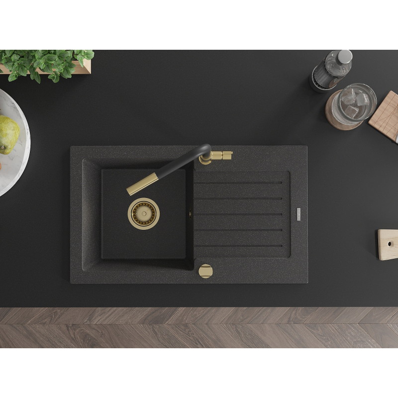 Mexen Pablo granite sink single-bowl with drainer and kitchen faucet Flora, black speckled - 6510-76-670401-57-G