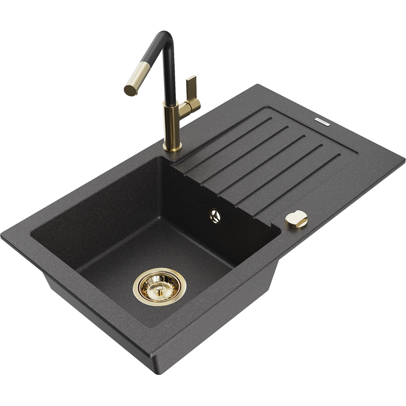 Mexen Pablo 1-basin granite sink with drainer and Flora kitchen tap, black speckled - 6510-76-670401-57-G