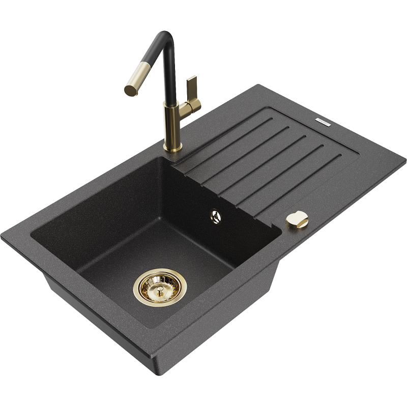 Mexen Pablo 1-compartment granite sink with a drip tray and kitchen mixer tap Flora, spotted black - 6510-76-670401-57-G