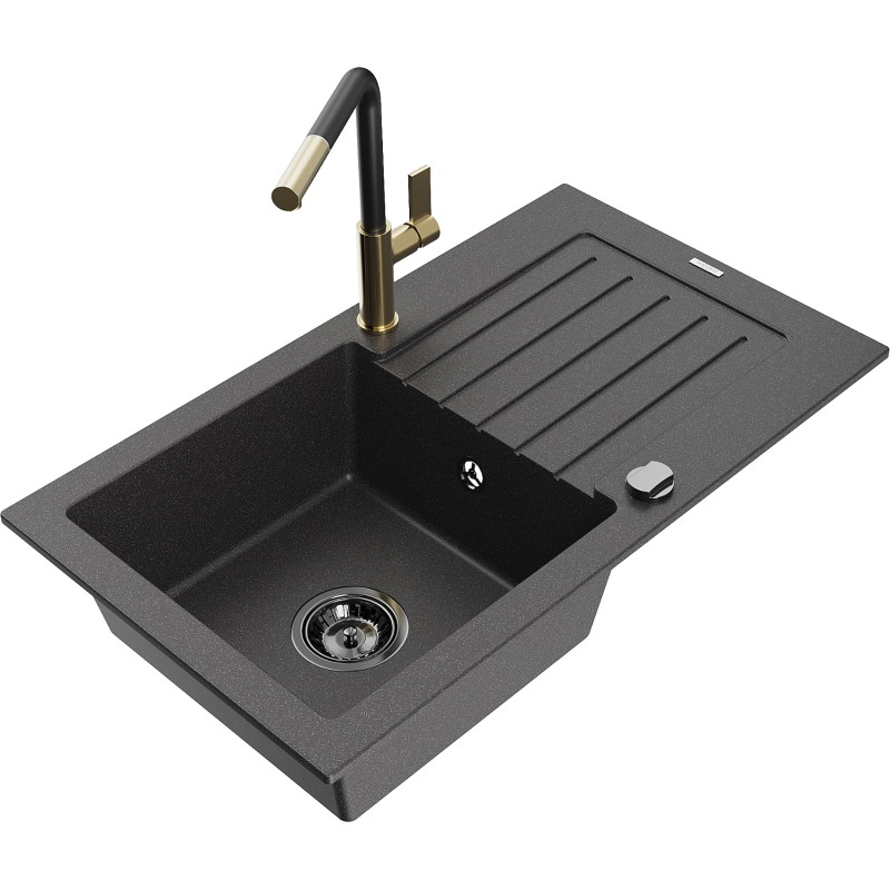 Mexen Pablo granite single-bowl sink with drainer and Flora kitchen faucet, black speckled - 6510-76-670401-57-B