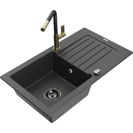Mexen Pablo granite single-bowl sink with drainer and Flora kitchen faucet, black speckled - 6510-76-670401-57-B