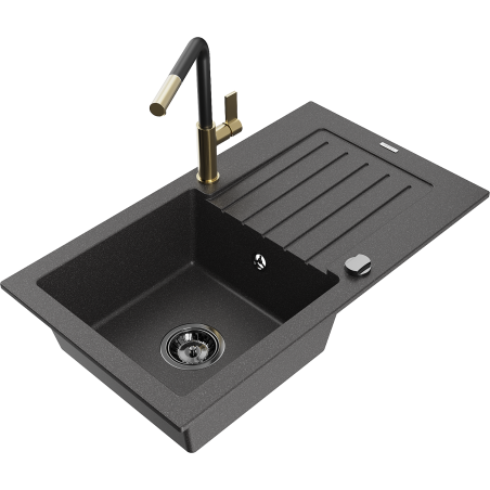 Mexen Pablo granite sink 1-bowl with drainer and Flora kitchen tap, black speckled - 6510-76-670401-57-B