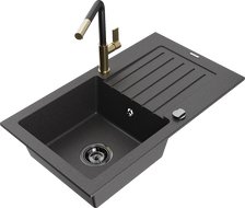 Mexen Pablo granite single-bowl sink with drainer and Flora kitchen faucet, black speckled - 6510-76-670401-57-B