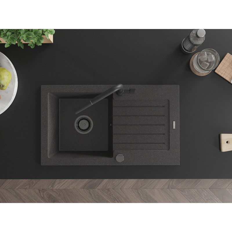 Mexen Pablo granite sink 1-bowl with drainer and Flora kitchen tap, black speckled - 6510-76-670401-70-B