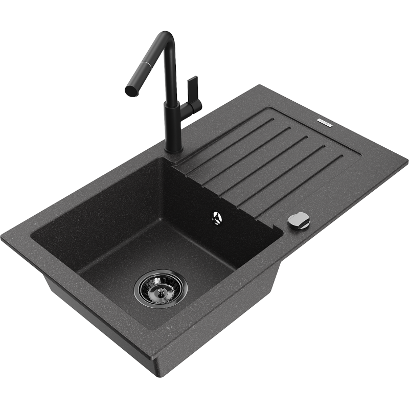 Mexen Pablo granite sink 1-bowl with drainer and Flora kitchen tap, black speckled - 6510-76-670401-70-B