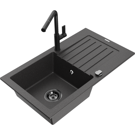 Mexen Pablo granite kitchen sink 1-bowl with drainer and Flora kitchen faucet, black speckled - 6510-76-670401-70-B