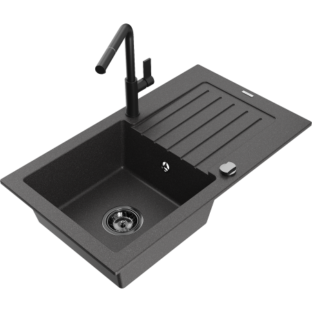 Mexen Pablo granite sink 1-bowl with drainer and Flora kitchen faucet, speckled black - 6510-76-670401-70-B