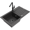 Mexen Pablo granite sink 1-bowl with drainer and Flora kitchen faucet, speckled black - 6510-76-670401-70-B