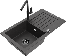 Mexen Pablo granite kitchen sink 1-bowl with drainer and Flora kitchen faucet, black speckled - 6510-76-670401-70-B