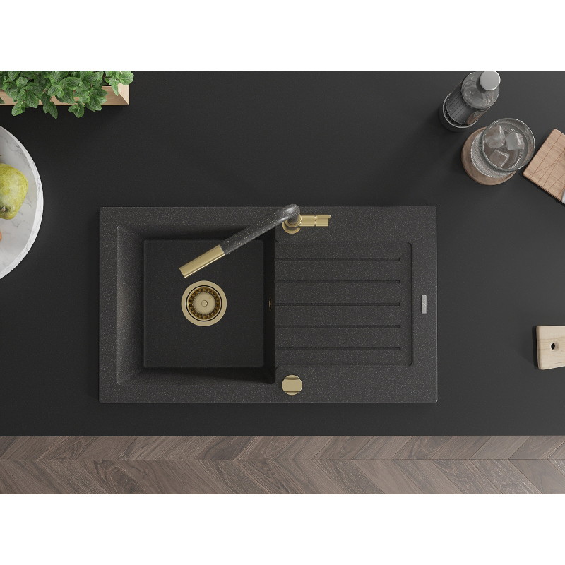 Mexen Pablo granite sink 1-bowl with drainer and Flora kitchen faucet, speckled black - 6510-76-670401-75-G