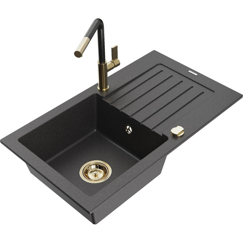 Mexen Pablo granite sink 1-bowl with drainer and kitchen faucet Flora, black speckled - 6510-76-670401-75-G