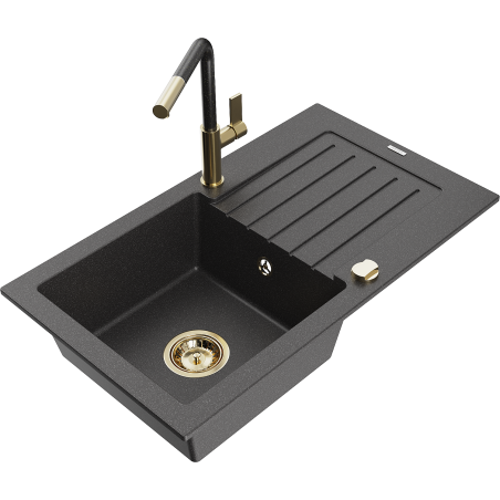 Mexen Pablo granite sink 1-bowl with drainer and kitchen faucet Flora, black speckled - 6510-76-670401-75-G