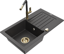 Mexen Pablo granite sink 1-bowl with drainer and Flora kitchen faucet, speckled black - 6510-76-670401-75-G