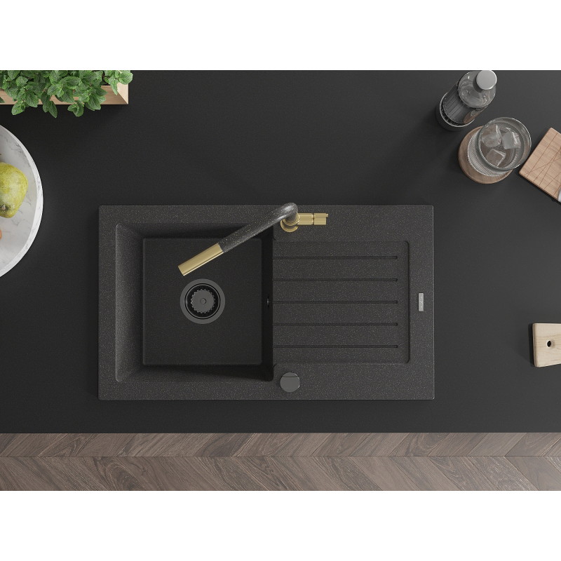 Mexen Pablo granite single-bowl sink with drainer and Flora kitchen faucet, black speckled - 6510-76-670401-75-B