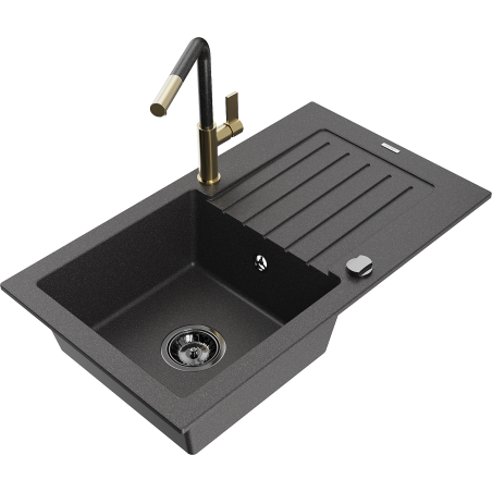 Mexen Pablo granite single-bowl sink with drainer and Flora kitchen faucet, black speckled - 6510-76-670401-75-B