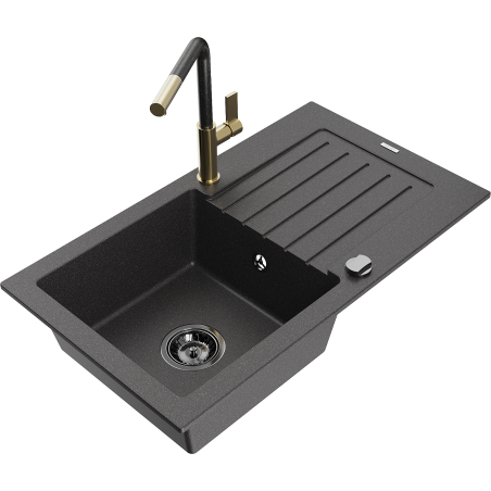 Mexen Pablo granite single-bowl sink with drainer and Flora kitchen faucet, speckled black - 6510-76-670401-75-B