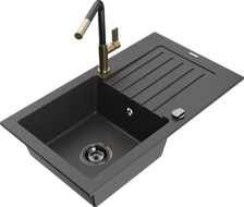 Mexen Pablo Granite Sink 1-Bowl with Drainer and Flora Kitchen Tap, Black Speckled - 6510-76-670401-75-B
