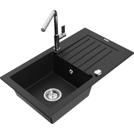 Mexen Pablo granite kitchen sink 1-bowl with drainer and Flora kitchen faucet, black - 6510-77-670401-00