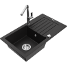 Mexen Pablo granite sink 1-bowl with drainer and Flora kitchen tap, black - 6510-77-670401-00