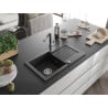 Mexen Pablo granite kitchen sink with 1 bowl, drainer and Flora kitchen tap, black - 6510-77-670401-07