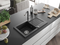 Mexen Pablo 1-compartment granite sink with a drip tray and kitchen mixer tap Flora, Black - 6510-77-670401-07