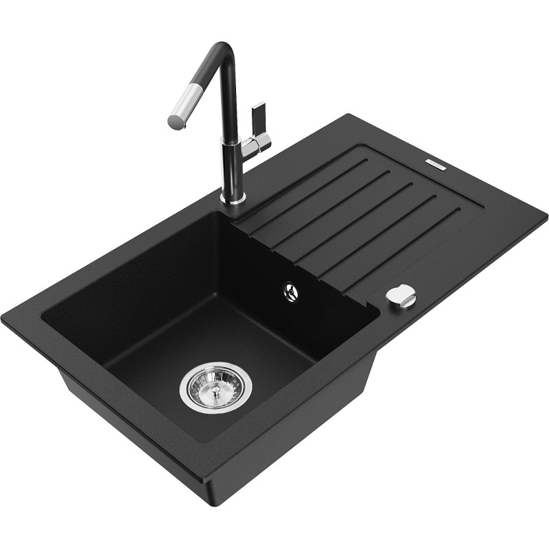 Mexen Pablo 1-Bowl Granite Sink with Drainer and Flora Kitchen Faucet, Black - 6510-77-670401-07