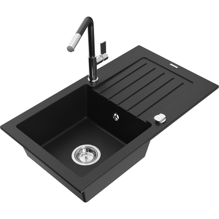 Mexen Pablo 1-Bowl Granite Sink with Drainer and Flora Kitchen Faucet, Black - 6510-77-670401-07
