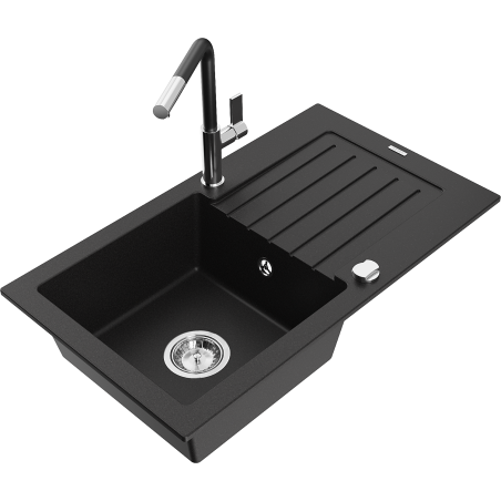 Mexen Pablo granite kitchen sink with 1 bowl, drainer and Flora kitchen tap, black - 6510-77-670401-07