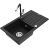 Mexen Pablo 1-compartment granite sink with a drip tray and kitchen mixer tap Flora, Black - 6510-77-670401-07
