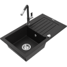 Mexen Pablo granite kitchen sink with 1 bowl, drainer and Flora kitchen tap, black - 6510-77-670401-07