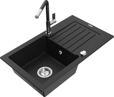 Mexen Pablo granite sink 1-bowl with drainer and kitchen faucet Flora, black - 6510-77-670401-07