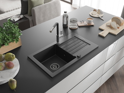 Mexen Pablo 1-compartment granite sink with a drip tray and kitchen mixer tap Flora, Black - 6510-77-670401-07-B