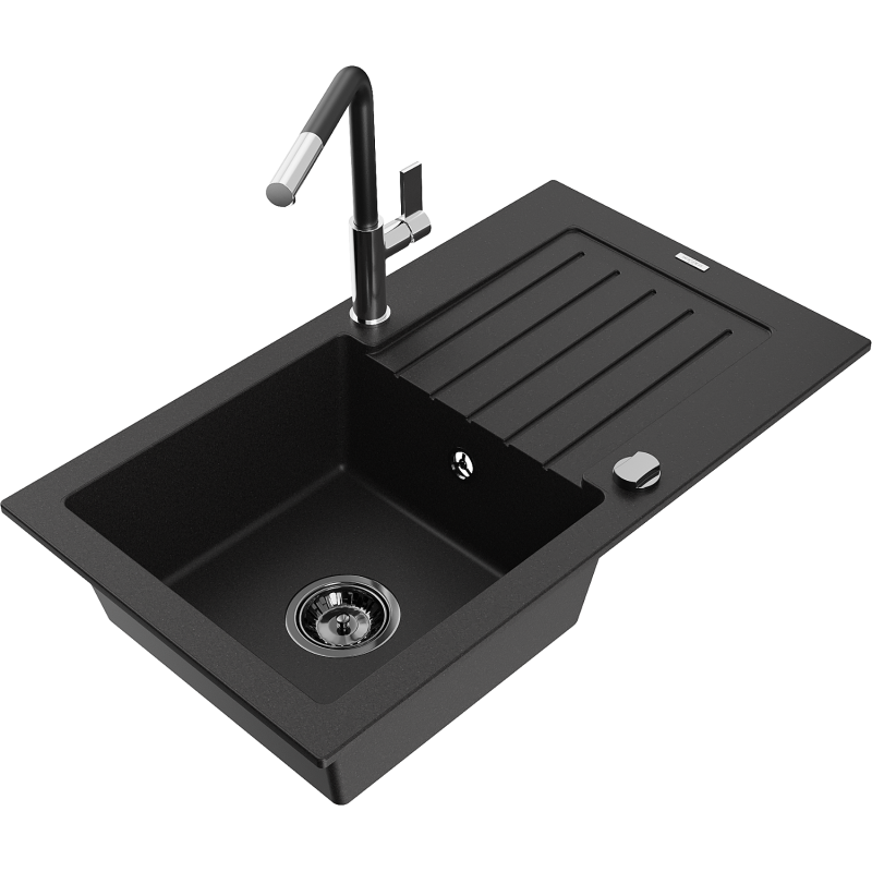 Mexen Pablo 1-bowl Granite Sink with Drainer and Flora Kitchen Tap, Black - 6510-77-670401-07-B