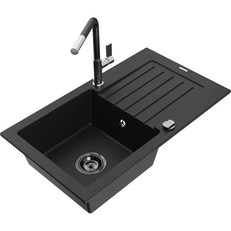 Mexen Pablo granite kitchen sink 1-bowl with drainer and Flora kitchen faucet, black - 6510-77-670401-07-B
