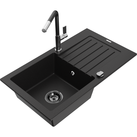 Mexen Pablo 1-bowl Granite Sink with Drainer and Flora Kitchen Tap, Black - 6510-77-670401-07-B