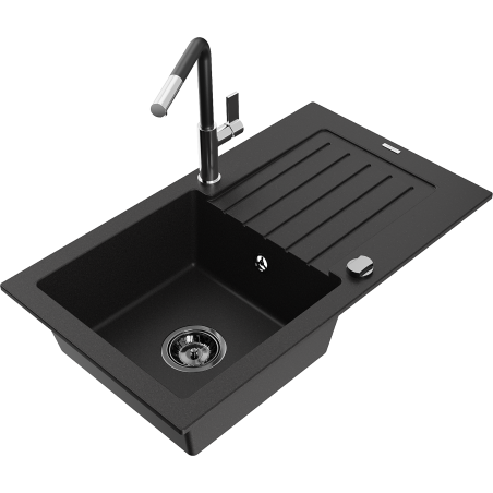 Mexen Pablo 1-compartment granite sink with a drip tray and kitchen mixer tap Flora, Black - 6510-77-670401-07-B