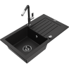 Mexen Pablo granit kitchen sink 1-bowl with drainer and Flora faucet, black - 6510-77-670401-07-B