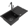 Mexen Pablo granite kitchen sink 1-bowl with drainer and Flora kitchen faucet, black - 6510-77-670401-07-B