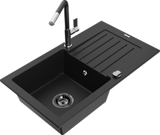 Mexen Pablo 1-compartment granite sink with a drip tray and kitchen mixer tap Flora, Black - 6510-77-670401-07-B