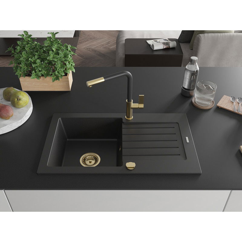 Mexen Pablo granite sink, 1-bowl with drainer and Flora kitchen tap, black - 6510-77-670401-57-G