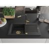 Mexen Pablo 1-bowl granite sink with drainer and Flora kitchen faucet, black - 6510-77-670401-57-G