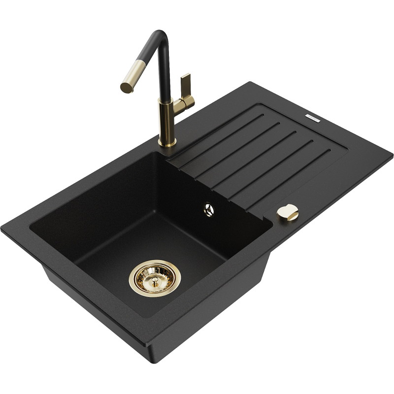 Mexen Pablo 1-bowl granite sink with drainer and Flora kitchen faucet, black - 6510-77-670401-57-G