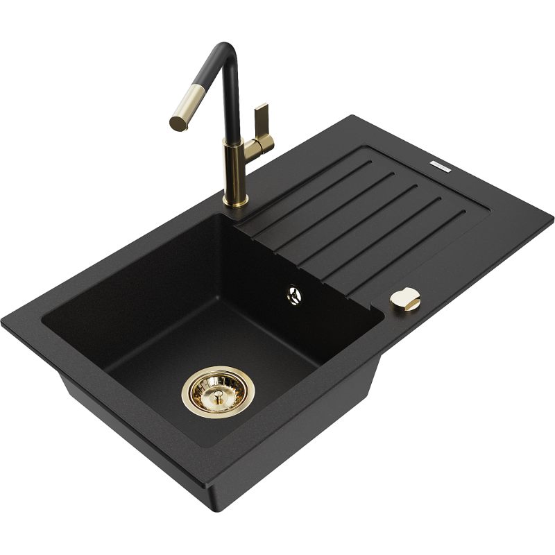 Mexen Pablo granite sink, 1-bowl with drainer and Flora kitchen tap, black - 6510-77-670401-57-G